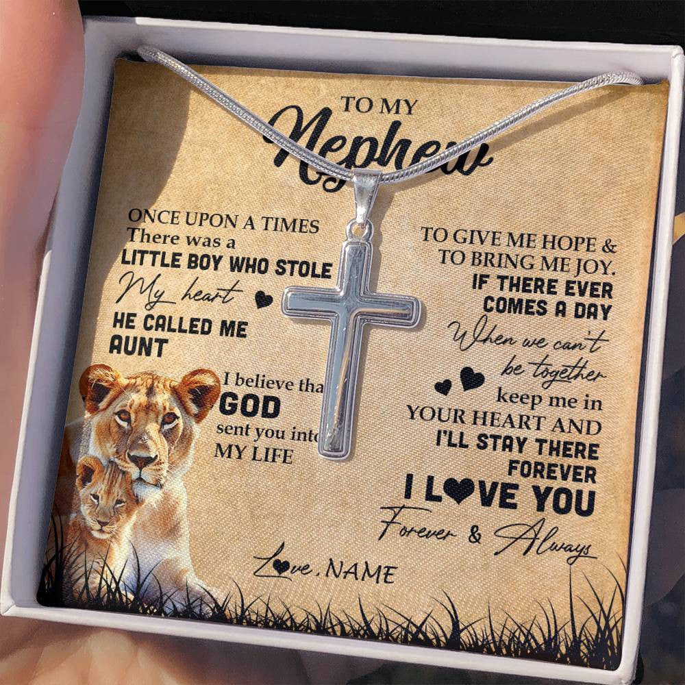 Stainless Cross Necklace | Personalized To My Nephew Lion Necklace From Aunt Auntie I'll Stay There Forever Nephew Birthday Graduation Christmas Customized Gift Box Message Card | siriusteestore