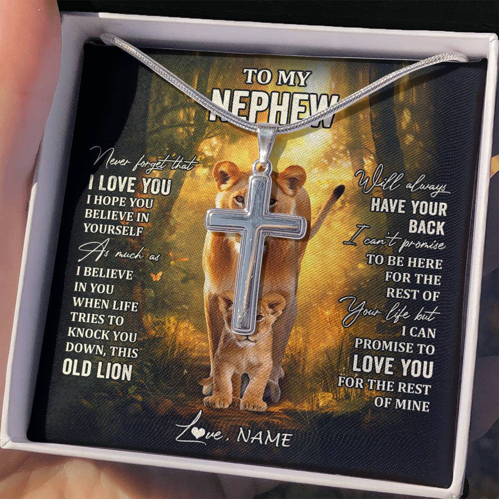Stainless Cross Necklace Stainless Steel | 2 | Personalized To My Nephew Lion Necklace From Aunt Auntie Never Forget That I Love You Niece Birthday Graduation Christmas Customized Gift Box Message Card | siriusteestore