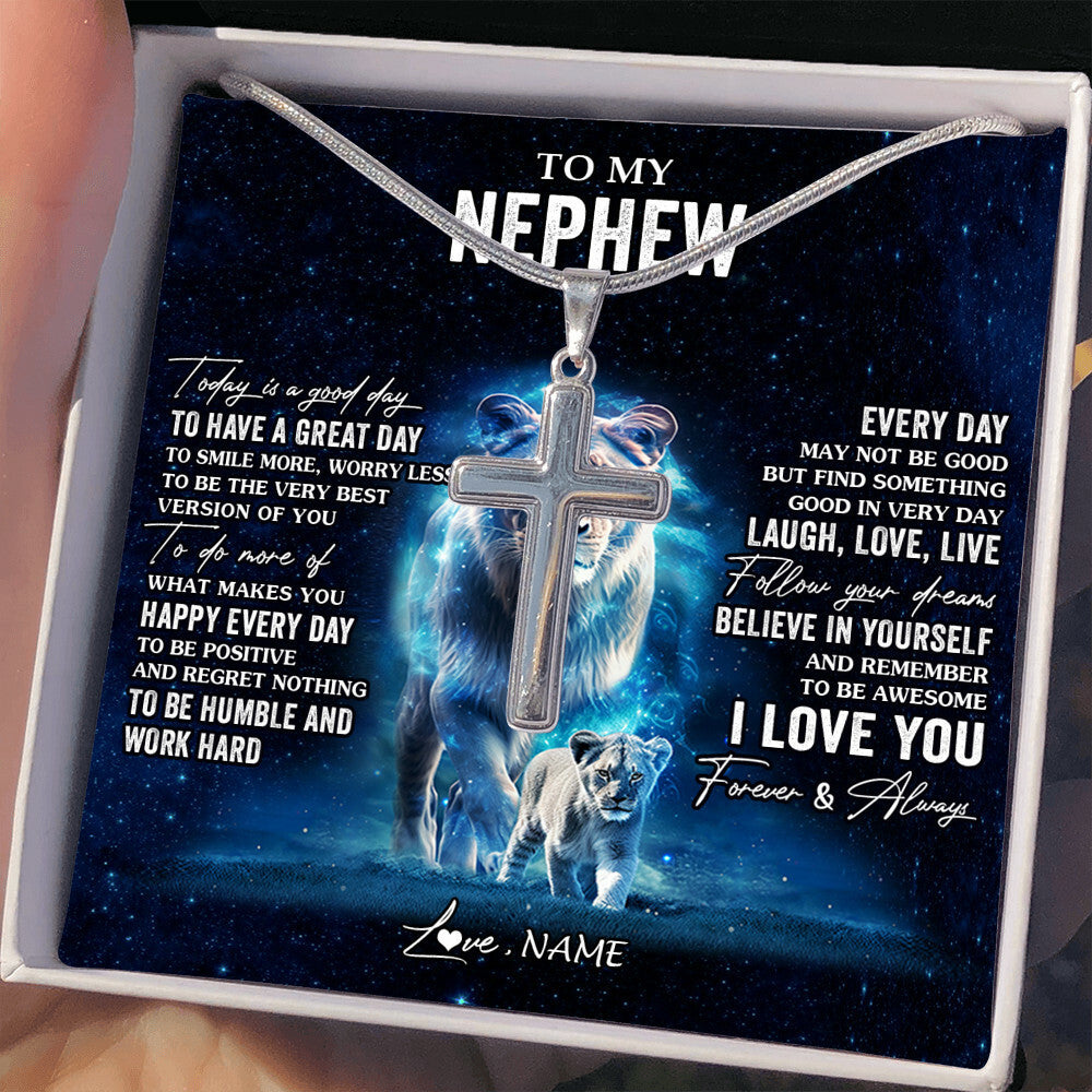 Stainless Cross Necklace Stainless Steel | 2 | Personalized To My Nephew Lion Necklace From Aunt Auntie Today Is A Good Day Nephew Gifts Birthday Graduation Christmas Customized Gift Box Message Card | siriusteestore
