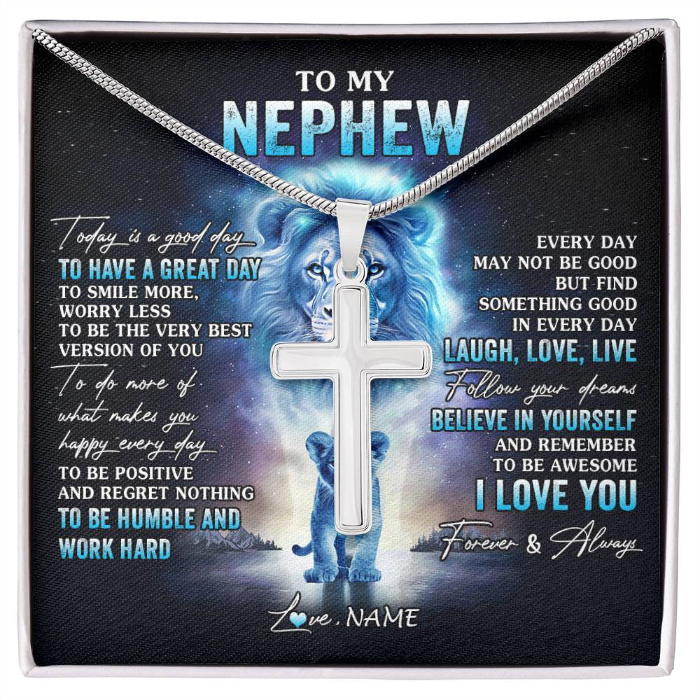 Stainless Cross Necklace Stainless Steel | 1 | Personalized To My Nephew Lion Necklace From Uncle Every Day Laugh Love Live Nephew Jewelry Birthday Graduation Christmas Customized Gift Box Message Card | siriusteestore