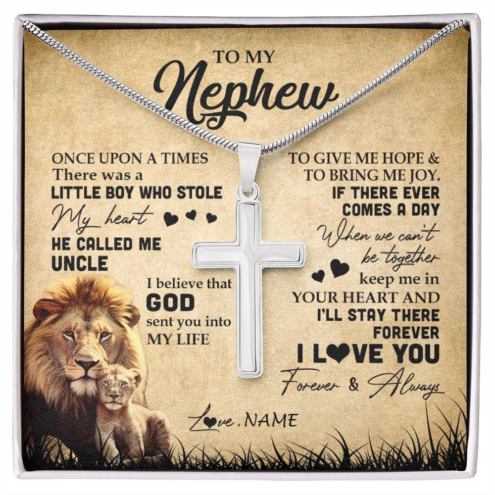 Stainless Cross Necklace | Personalized To My Nephew Lion Necklace From Uncle I'll Stay There Forever Nephew Birthday Graduation Christmas Customized Gift Box Message Card | siriusteestore