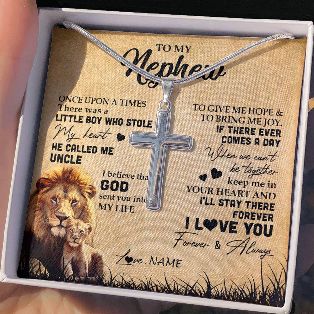 Stainless Cross Necklace | Personalized To My Nephew Lion Necklace From Uncle I'll Stay There Forever Nephew Birthday Graduation Christmas Customized Gift Box Message Card | siriusteestore