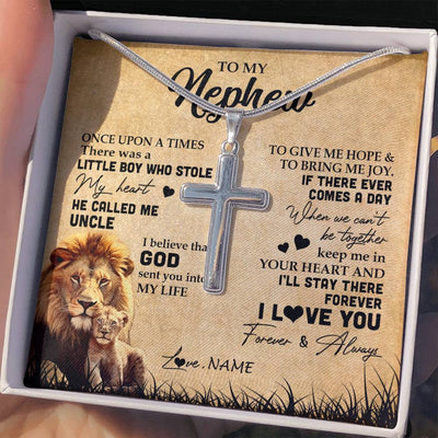Stainless Cross Necklace | Personalized To My Nephew Lion Necklace From Uncle I'll Stay There Forever Nephew Birthday Graduation Christmas Customized Gift Box Message Card | siriusteestore