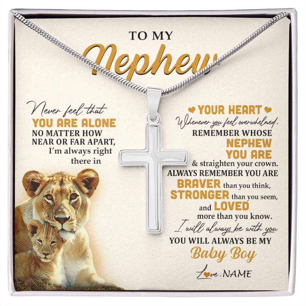 Stainless Cross Necklace Stainless Steel | 1 | Personalized To My Nephew Necklace From Aunt Auntie Lion Never Feel That You Are Alone Great Nephew Birthday Christmas Customized Gift Box Message Card | siriusteestore