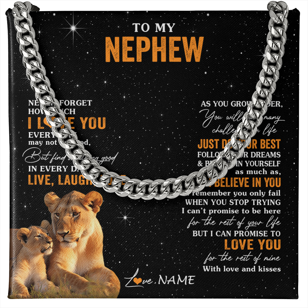 Cuban Link Chain Necklace Stainless Steel | 1 | Personalized To My Nephew Necklace From Aunt Auntie Live Laugh Love Lion Nephew Birthday Gifts Positive Graduation Christmas Customized Gift Box Message Card | siriusteestore