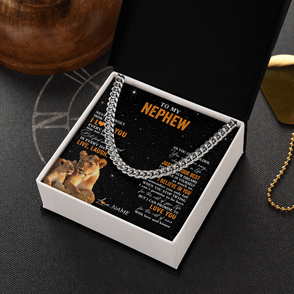 Cuban Link Chain Necklace Stainless Steel | 2 | Personalized To My Nephew Necklace From Aunt Auntie Live Laugh Love Lion Nephew Birthday Gifts Positive Graduation Christmas Customized Gift Box Message Card | siriusteestore