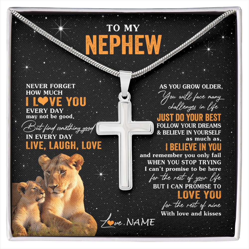 Stainless Cross Necklace Stainless Steel | 1 | Personalized To My Nephew Necklace From Aunt Auntie Live Laugh Love Lion Nephew Birthday Gifts Positive Graduation Christmas Customized Gift Box Message Card | siriusteestore