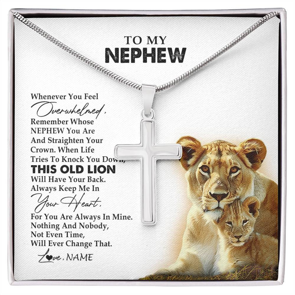 Stainless Cross Necklace Stainless Steel | 1 | Personalized To My Nephew Necklace From Aunt Auntie Whenever You Fell Overwhelmed Lion Nephew Birthday Graduation Christmas Customized Gift Box Message Card | siriusteestore