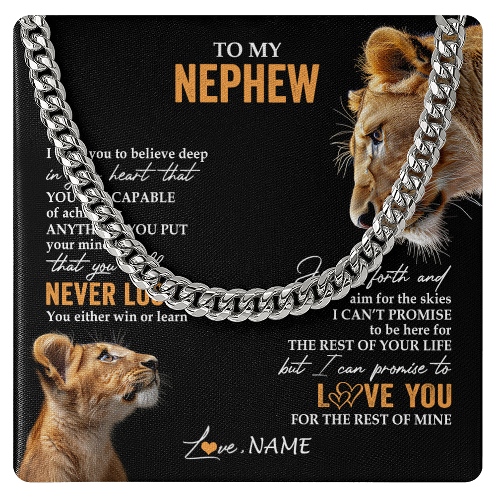Cuban Link Chain Necklace Stainless Steel | 1 | Personalized To My Nephew Necklace From Aunt Auntie You Will Never Lose Lion Nephew Birthday Gifts Graduation Christmas Customized Gift Box Message Card | siriusteestore