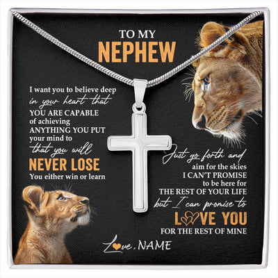 Stainless Cross Necklace Stainless Steel | 1 | Personalized To My Nephew Necklace From Aunt Auntie You Will Never Lose Lion Nephew Birthday Gifts Graduation Christmas Customized Gift Box Message Card | siriusteestore