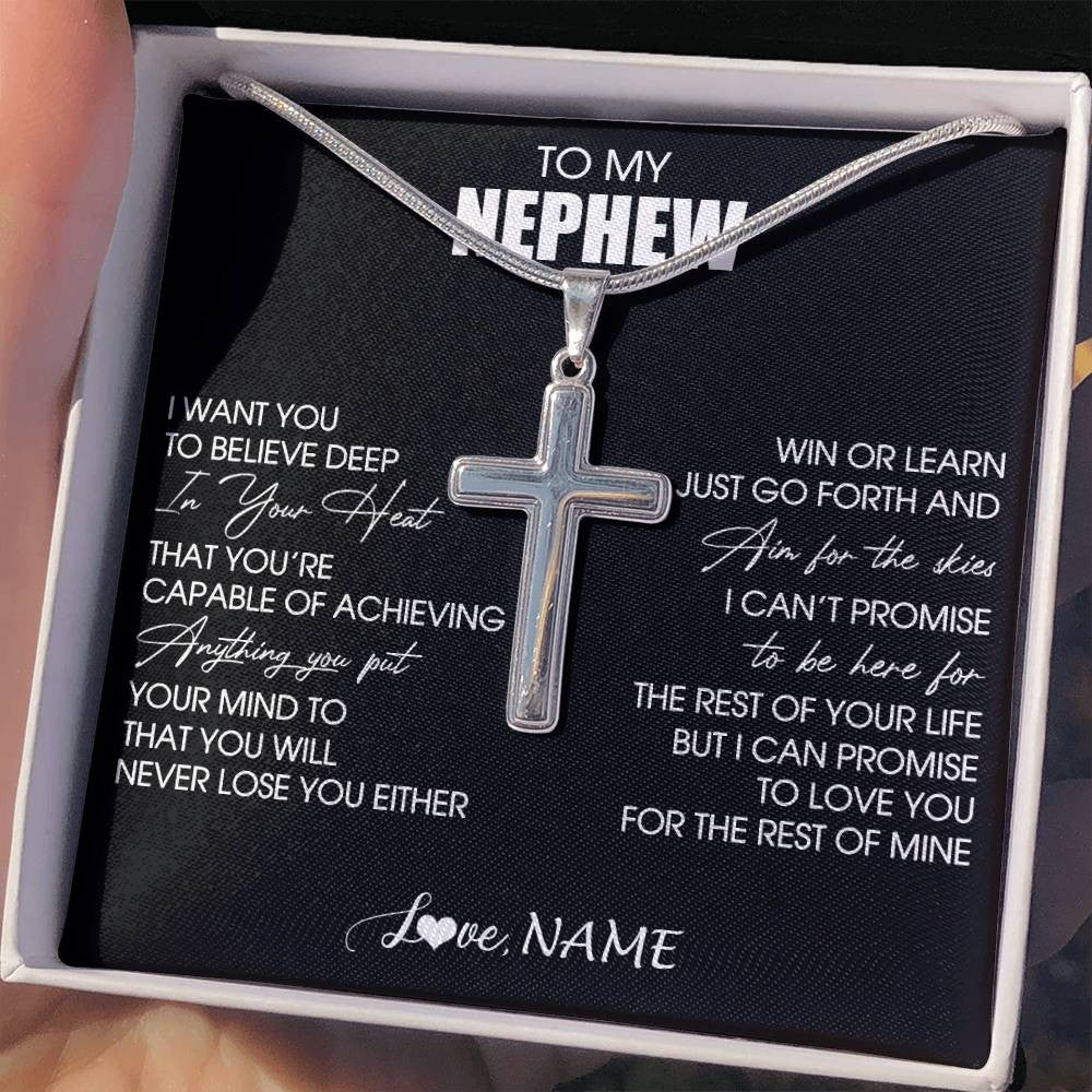 Stainless Cross Necklace Stainless Steel | 2 | Personalized To My Nephew Necklace From Aunt Believe Deep In Your Heart Nephew Birthday Jewelry Gift For Men Christmas Customized Gift Box Message Card | siriusteestore