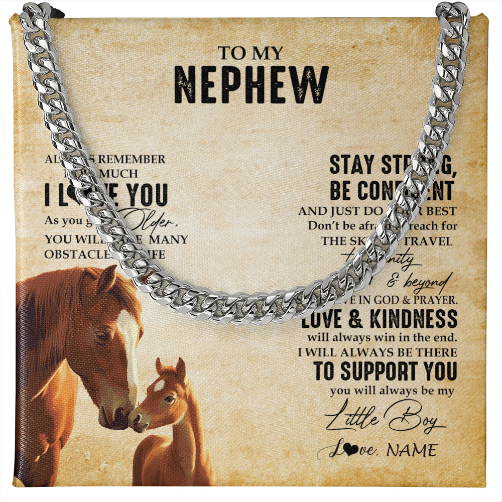Cuban Link Chain Necklace Stainless Steel | 1 | Personalized To My Nephew Necklace From Aunt Uncle Always Remember I Love You Horse Nephew Birthday Graduation Christmas Customized Gift Box Message Card | siriusteestore