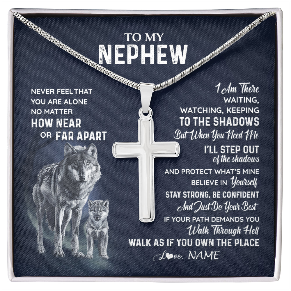 Stainless Cross Necklace Stainless Steel | 1 | Personalized To My Nephew Necklace From Aunt Uncle Auntie Never Feel You Are Alone Wolf Nephew Birthday Graduation Christmas Customized Gift Box Message Card | siriusteestore