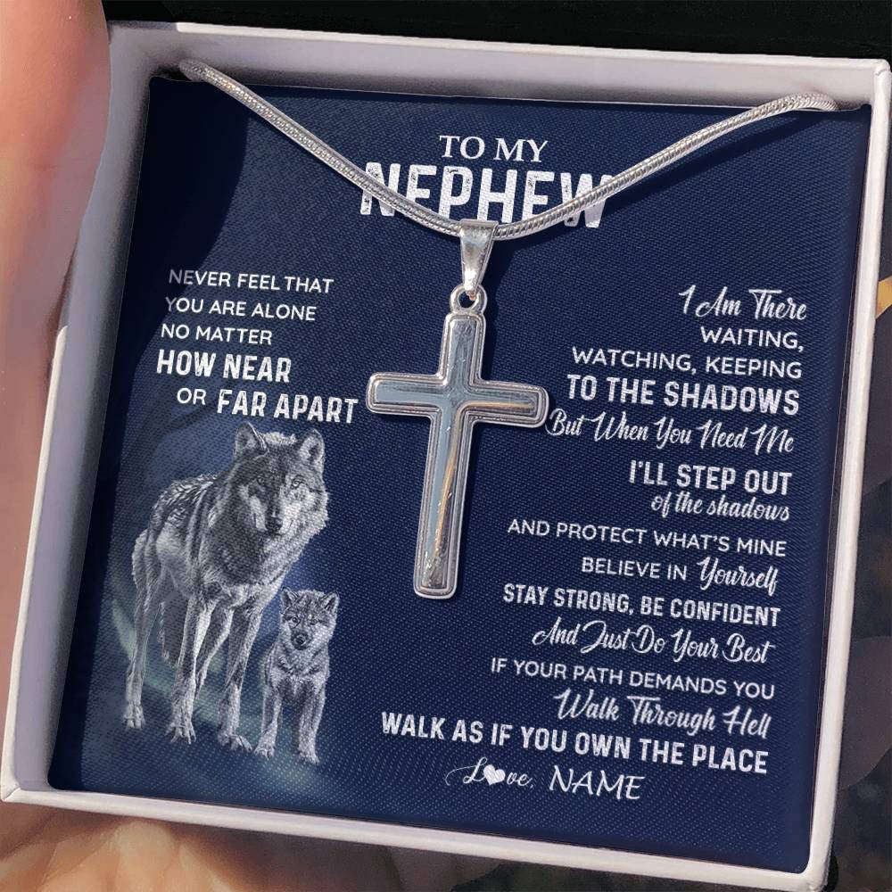 Stainless Cross Necklace Stainless Steel | 2 | Personalized To My Nephew Necklace From Aunt Uncle Auntie Never Feel You Are Alone Wolf Nephew Birthday Graduation Christmas Customized Gift Box Message Card | siriusteestore