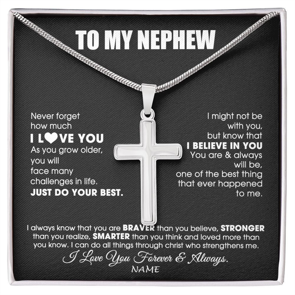 Stainless Cross Necklace | Personalized To My Nephew Necklace From Aunt Uncle Auntie Smarter Than You Think Nephew Birthday Christmas Customized Gift Box Message Card | siriusteestore