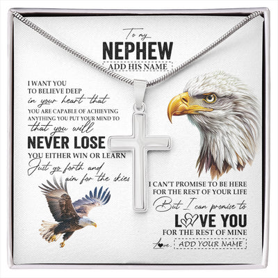 Stainless Cross Necklace Stainless Steel | 1 | Personalized To My Nephew Necklace From Aunt Uncle Auntie You Will Never Lose Eagle Nephew Birthday Gifts Graduation Christmas Custom Gift Box Message Card | siriusteestore