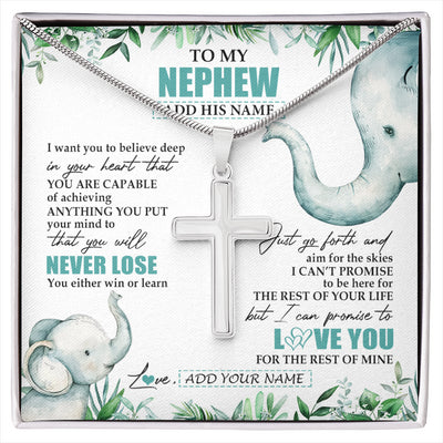 Stainless Cross Necklace Stainless Steel | 1 | Personalized To My Nephew Necklace From Aunt Uncle Auntie You Will Never Lose Elephant Nephew Birthday Gifts Graduation Christmas Custom Gift Box Message Card | siriusteestore