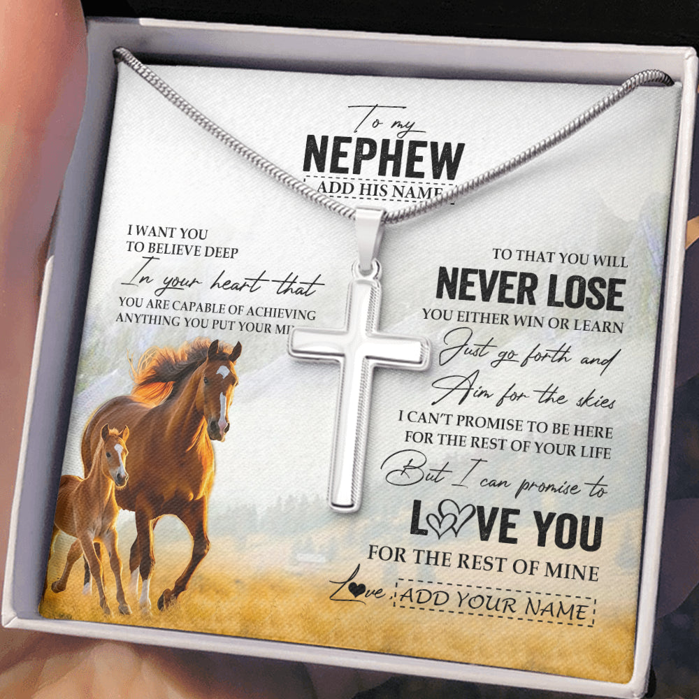 Stainless Cross Necklace Stainless Steel | 2 | Personalized To My Nephew Necklace From Aunt Uncle Auntie You Will Never Lose Horse Nephew Birthday Gifts Graduation Christmas Custom Gift Box Message Card | siriusteestore