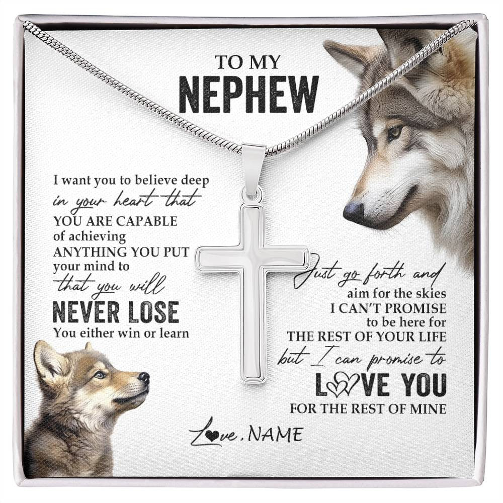 Stainless Cross Necklace Stainless Steel | 1 | Personalized To My Nephew Necklace From Aunt Uncle Auntie You Will Never Lose Wolf Nephew Birthday Graduation Christmas Customized Gift Box Message Card | siriusteestore
