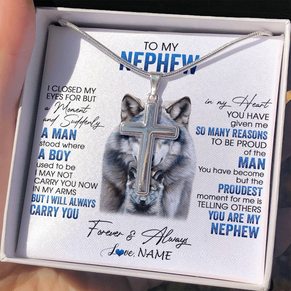 Stainless Cross Necklace Stainless Steel | 2 | Personalized To My Nephew Necklace From Aunt Uncle I Close My Eyes For But A Moment Wolf Nephew Birthday Gifts Christmas Customized Gift Box Message Card | siriusteestore