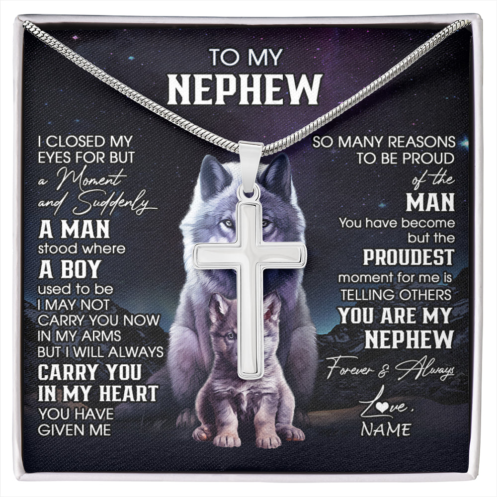 Stainless Cross Necklace Stainless Steel | 1 | Personalized To My Nephew Necklace From Aunt Uncle I Close My Eyes Wolf Nephew Birthday Gifts Graduation Christmas Customized Gift Box Message Card | siriusteestore