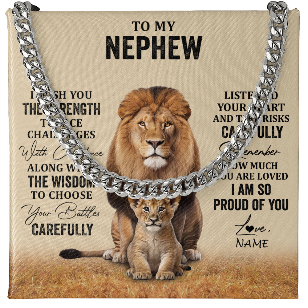 Cuban Link Chain Necklace Stainless Steel | 1 | Personalized To My Nephew Necklace From Aunt Uncle I Wish You The Strength Lion Nephew Birthday Gifts Graduation Christmas Customized Gift Box Message Card | siriusteestore