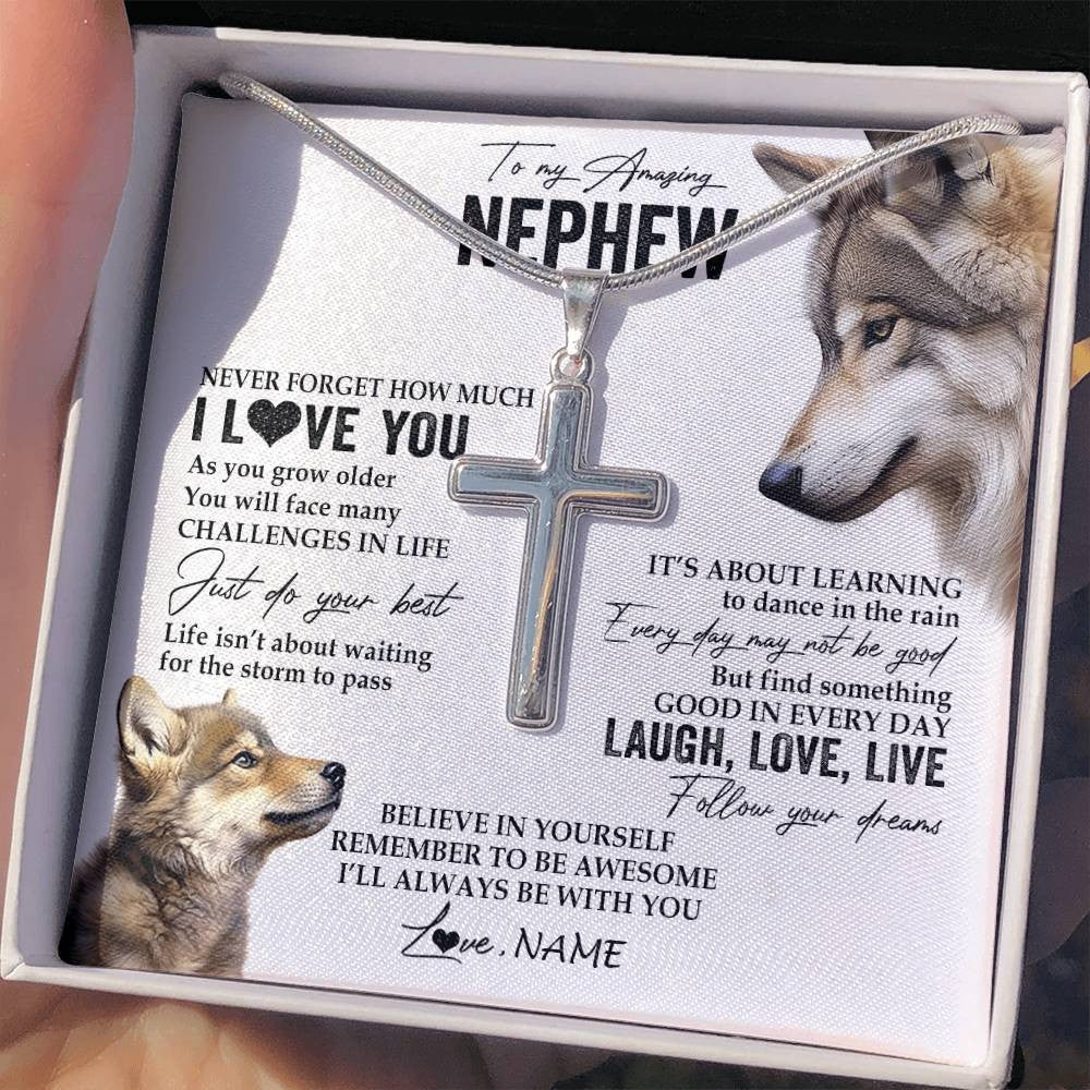 Stainless Cross Necklace Stainless Steel | 2 | Personalized To My Nephew Necklace From Aunt Uncle Just Do You Best Laugh Love Live Wolf Nephew Birthday Graduation Christmas Customized Gift Box Message Card | siriusteestore