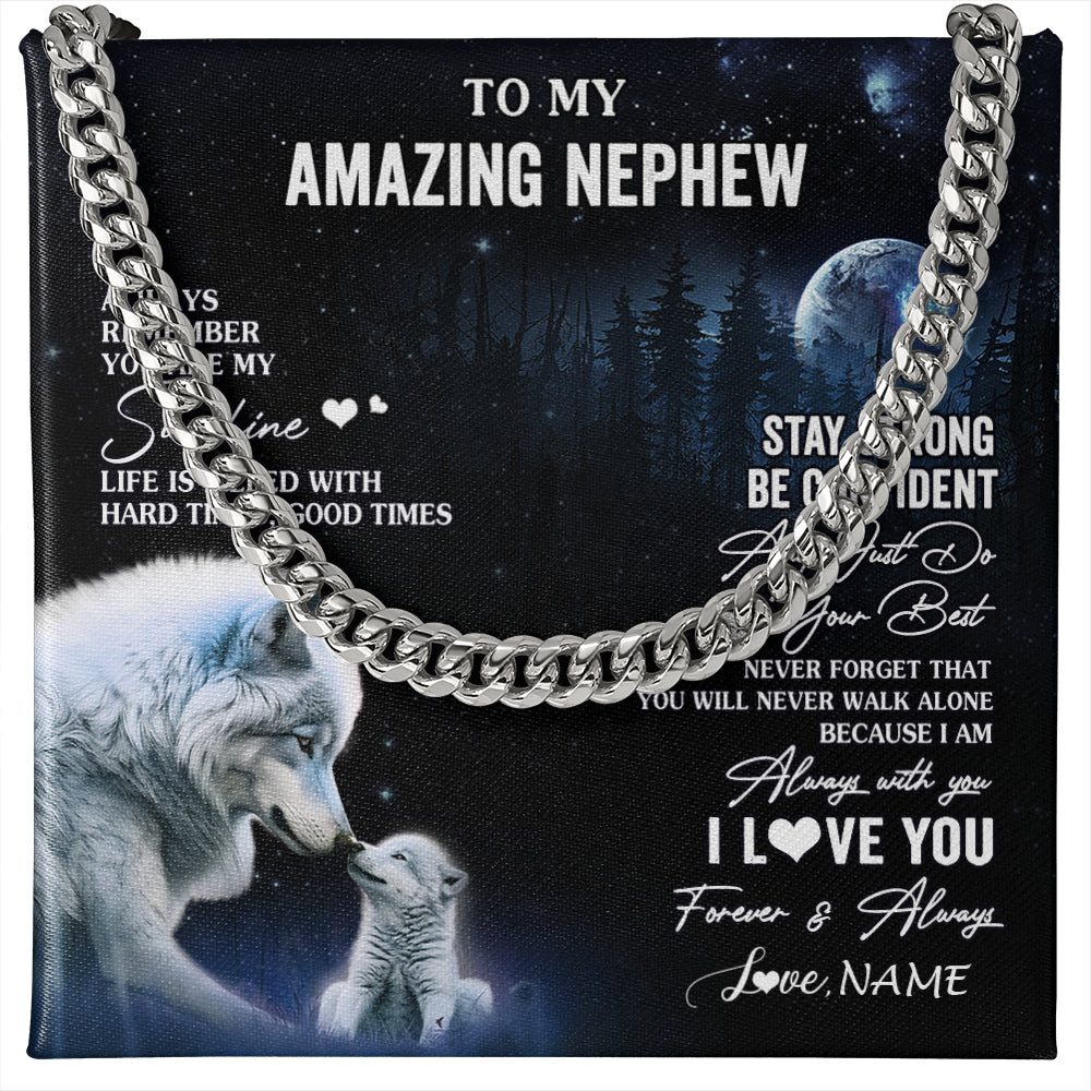 Cuban Link Chain Necklace Stainless Steel | 1 | Personalized To My Nephew Necklace From Aunt Uncle Moon Wolf Nephew Birthday Gifts Graduation Christmas Customized Gift Box Message Card | siriusteestore