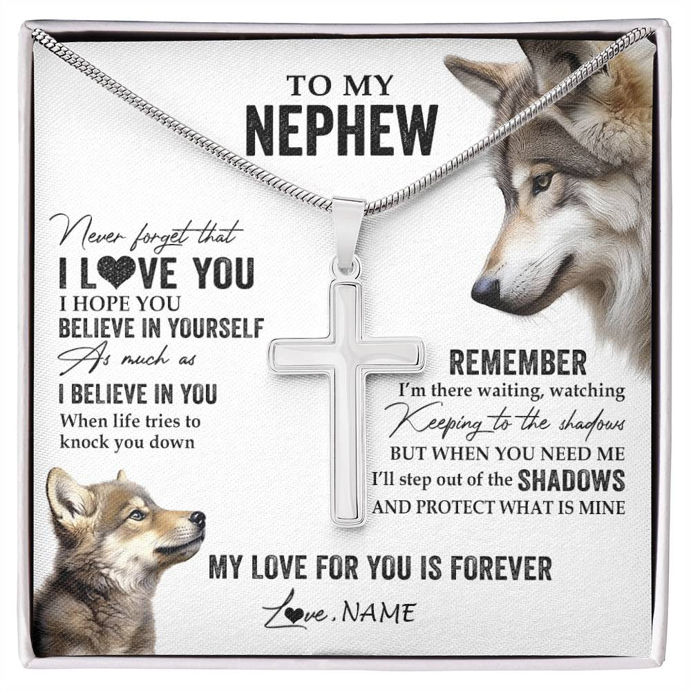 Stainless Cross Necklace Stainless Steel | 1 | Personalized To My Nephew Necklace From Aunt Uncle Wolf My Love For You Is Forever Nephew Birthday Graduation Christmas Customized Gift Box Message Card | siriusteestore