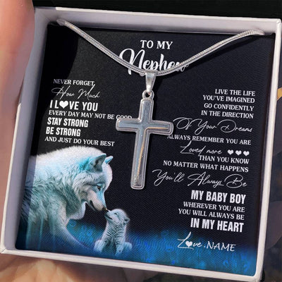 Stainless Cross Necklace Stainless Steel | 2 | Personalized To My Nephew Necklace From Aunt Uncle Wolf Never Forget How Much I Love You Nephew Birthday Gifts Christmas Customized Gift Box Message Card | siriusteestore
