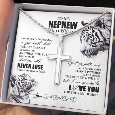 Stainless Cross Necklace Stainless Steel | 2 | Personalized To My Nephew Necklace From Aunt Uncle You Will Never Lose White Tiger Nephew Birthday Gifts Graduation Christmas Customized Gift Box Message Card | siriusteestore