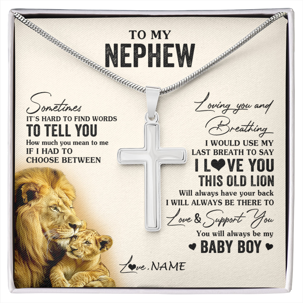 Stainless Cross Necklace Stainless Steel | 1 | Personalized To My Nephew Necklace From Uncle I Love You This Old Lion Nephew Birthday Graduation Christmas Customized Gift Box Message Card | siriusteestore