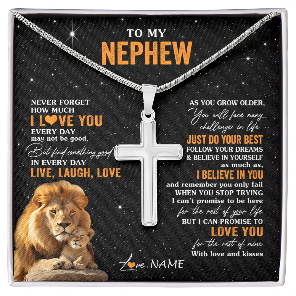Stainless Cross Necklace Stainless Steel | 1 | Personalized To My Nephew Necklace From Uncle Live Laugh Love Lion Nephew Birthday Gifts Positive Graduation Christmas Customized Gift Box Message Card | siriusteestore