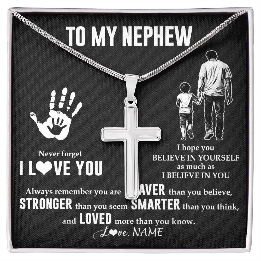 Stainless Cross Necklace Stainless Steel | 1 | Personalized To My Nephew Necklace From Uncle Never Forget I Love You Nephew Birthday Gifts Christmas New Year Graduation Customized Gift Box Message Card | siriusteestore