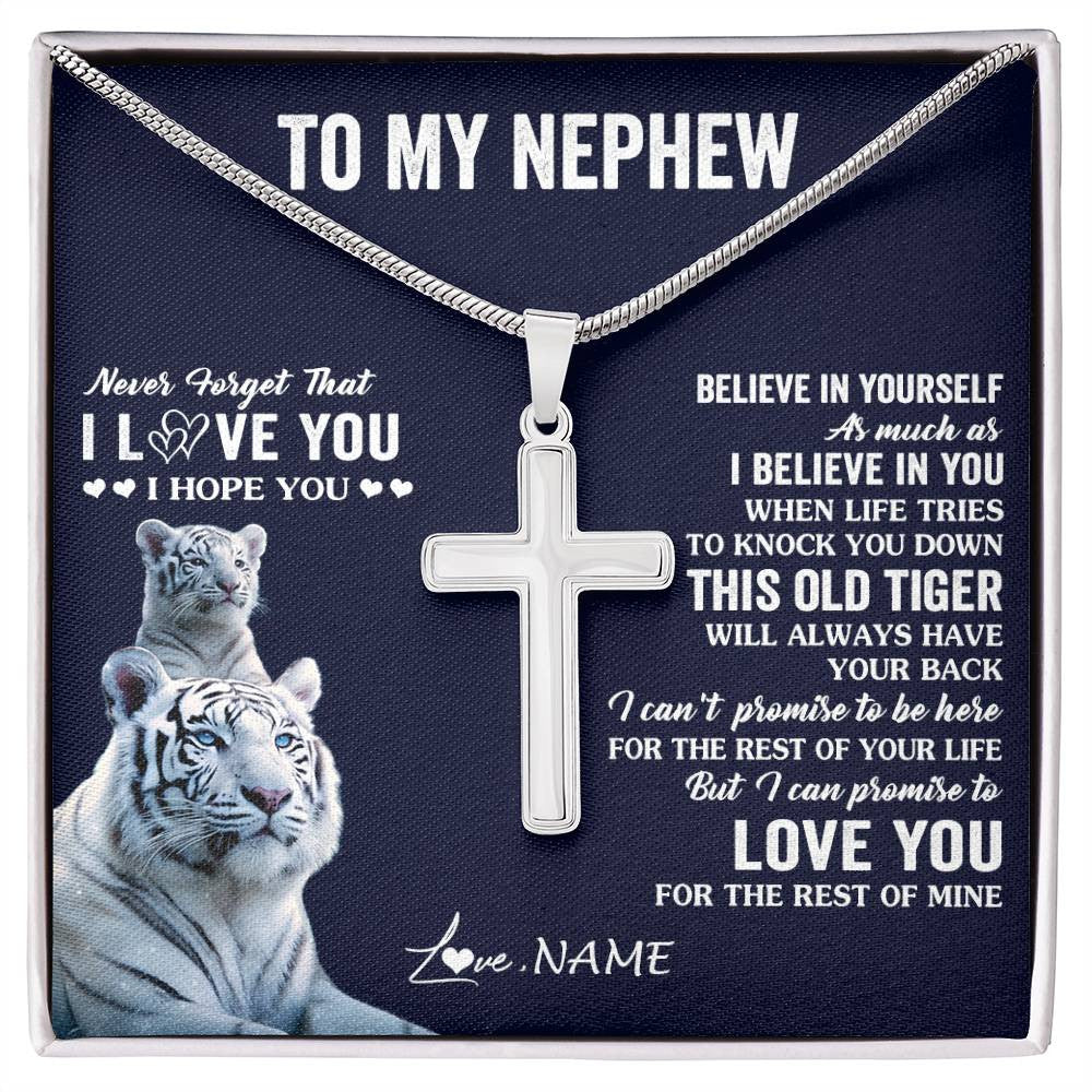 Stainless Cross Necklace Stainless Steel | 1 | Personalized To My Nephew Necklace Gift From Aunt Uncle This Old Tiger Love You Nephew Birthday Graduation Christmas Custom Customized Gift Box Message Card | siriusteestore