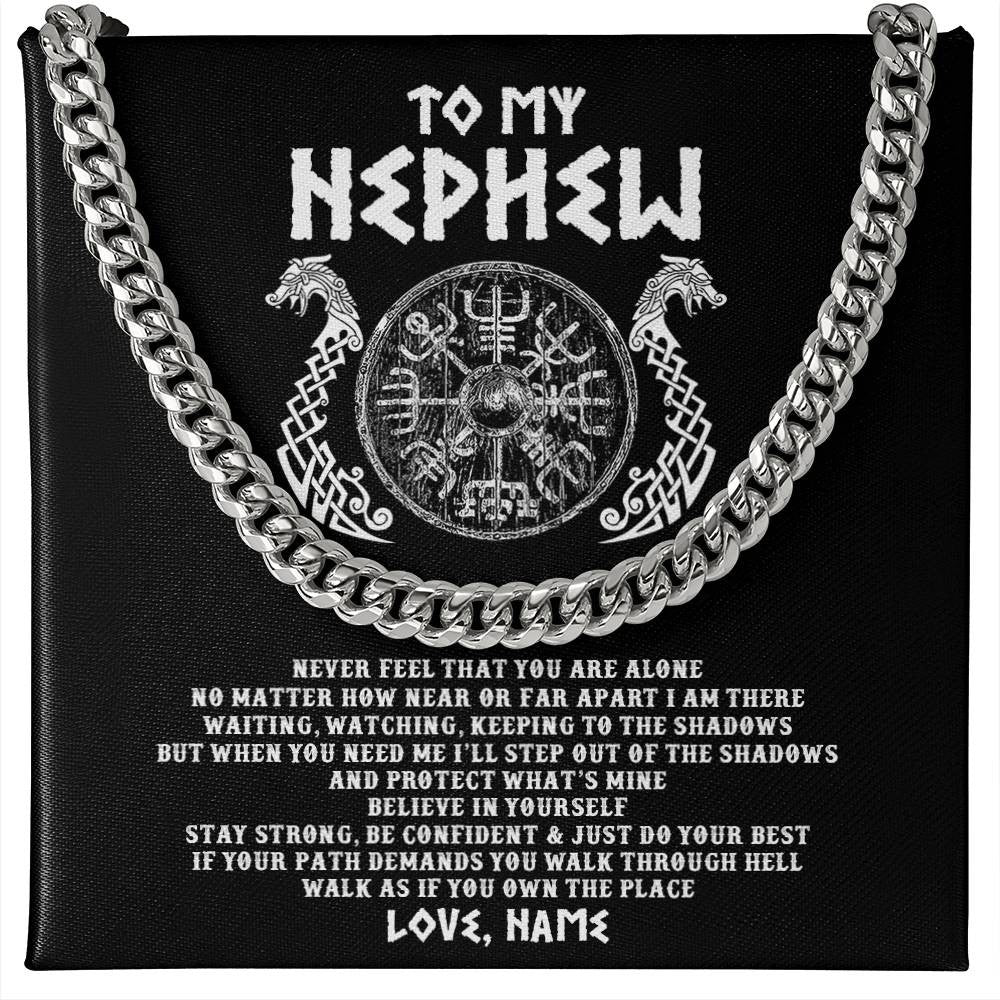Cuban Link Chain Necklace Stainless Steel | 1 | Personalized To My Nephew Necklace Viking Never Feel You Are Alone Odin Scandinavian Norse Runes Nephew Birthday Christmas Customized Gift Message Card | siriusteestore