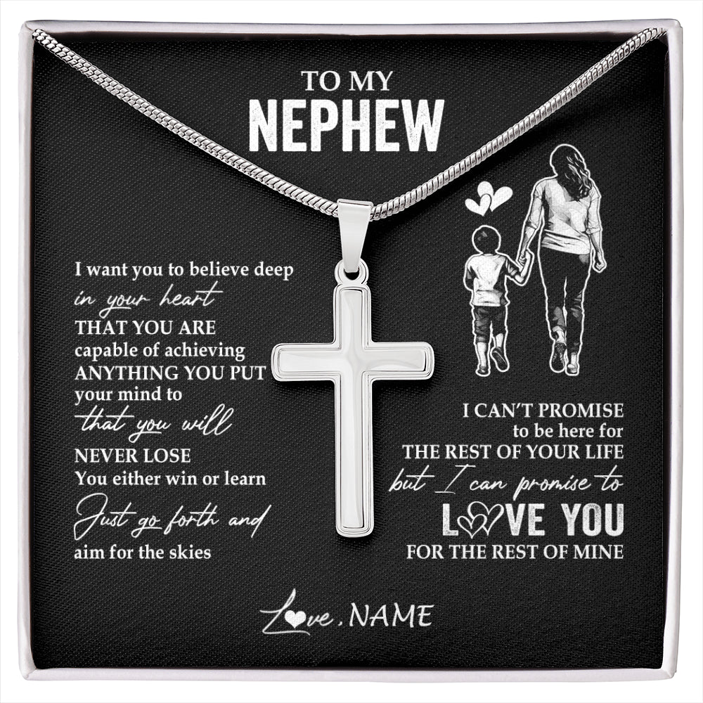 Stainless Cross Necklace Stainless Steel | 1 | Personalized To My Nephew Necklace You Will Never Lose From Aunt Auntie Nephew Birthday Gifts Graduation Christmas Customized Gift Box Message Card | siriusteestore