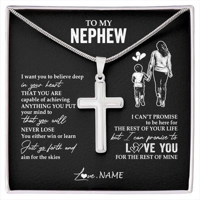 Stainless Cross Necklace Stainless Steel | 1 | Personalized To My Nephew Necklace You Will Never Lose From Aunt Auntie Nephew Birthday Gifts Graduation Christmas Customized Gift Box Message Card | siriusteestore