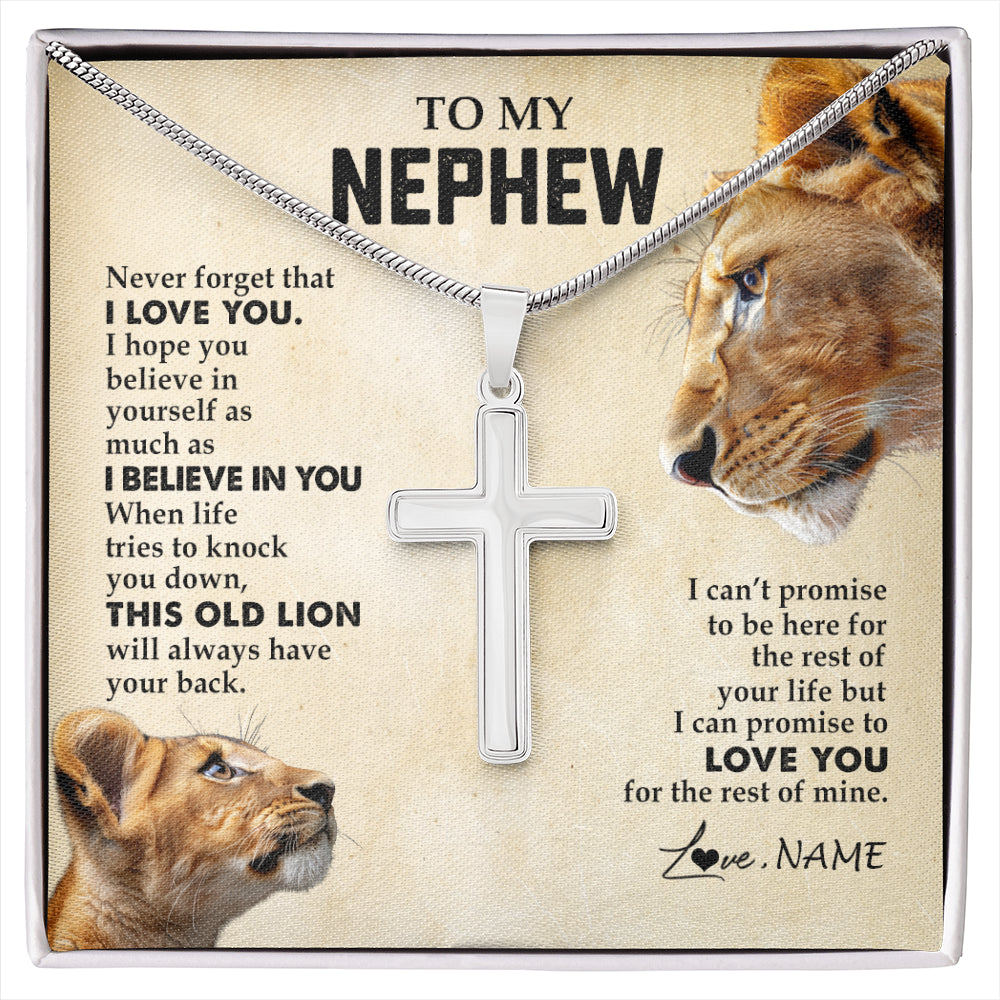 Stainless Cross Necklace Stainless Steel | 1 | Personalized To My Nephew Necklace from Aunt Auntie Never Forget I Love You Lion Nephew Birthday Graduation Christmas Jewelry Customized Gift Box Message Card | siriusteestore