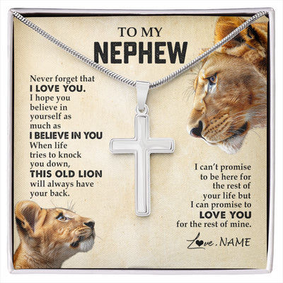 Stainless Cross Necklace Stainless Steel | 1 | Personalized To My Nephew Necklace from Aunt Auntie Never Forget I Love You Lion Nephew Birthday Graduation Christmas Jewelry Customized Gift Box Message Card | siriusteestore