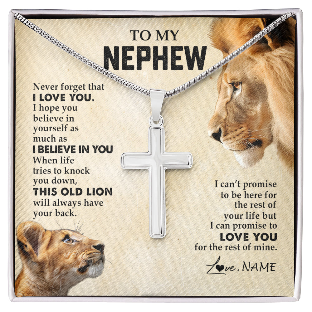 Stainless Cross Necklace Stainless Steel | 1 | Personalized To My Nephew Necklace from Uncle Never Forget I Love You Lion Nephew Birthday Graduation Christmas Jewelry Customized Gift Box Message Card | siriusteestore