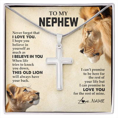 Stainless Cross Necklace Stainless Steel | 1 | Personalized To My Nephew Necklace from Uncle Never Forget I Love You Lion Nephew Birthday Graduation Christmas Jewelry Customized Gift Box Message Card | siriusteestore