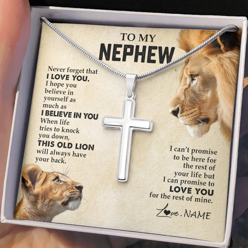 Stainless Cross Necklace Stainless Steel | 2 | Personalized To My Nephew Necklace from Uncle Never Forget I Love You Lion Nephew Birthday Graduation Christmas Jewelry Customized Gift Box Message Card | siriusteestore