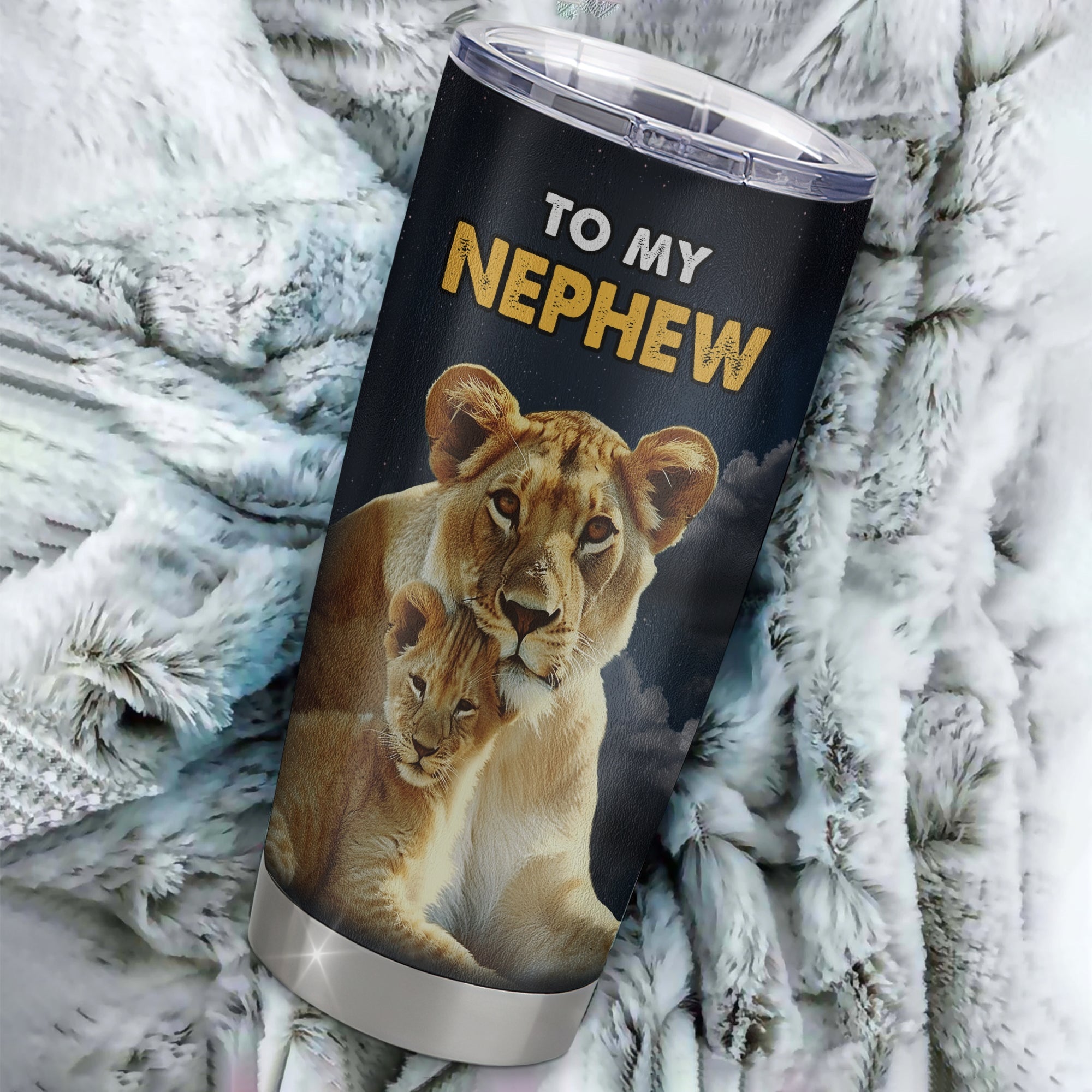 Personalized To My Nephew Tumbler From Aunt Auntie Stainless Steel Cup Lion Never Give Up Nephew Birthday Graduation Christmas Travel Mug | siriusteestore