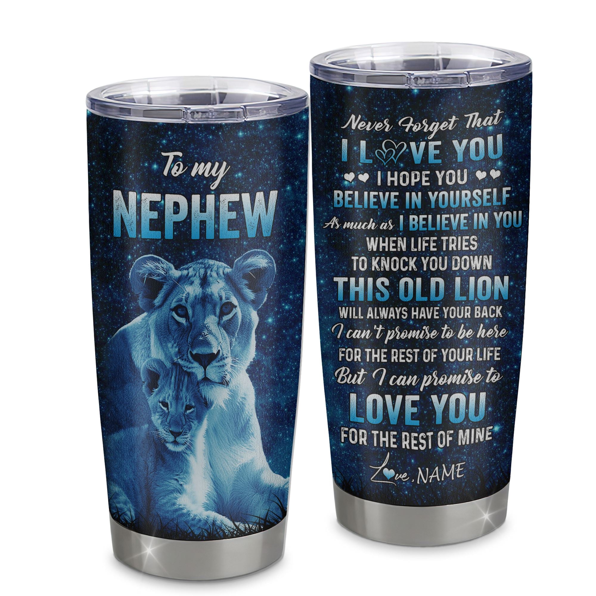 Personalized To My Nephew Tumbler From Aunt Auntie Stainless Steel Cup This Old Lion Love You Nephew Birthday Graduation Christmas Custom Travel Mug | siriusteestore