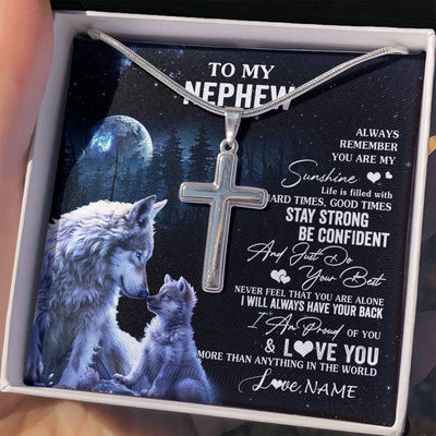 Stainless Cross Necklace Stainless Steel | 2 | Personalized To My Nephew Wolf Necklace From Aunt Uncle Auntie Always Remember Nephew Birthday Graduation Christmas Customized Gift Box Message Card | siriusteestore