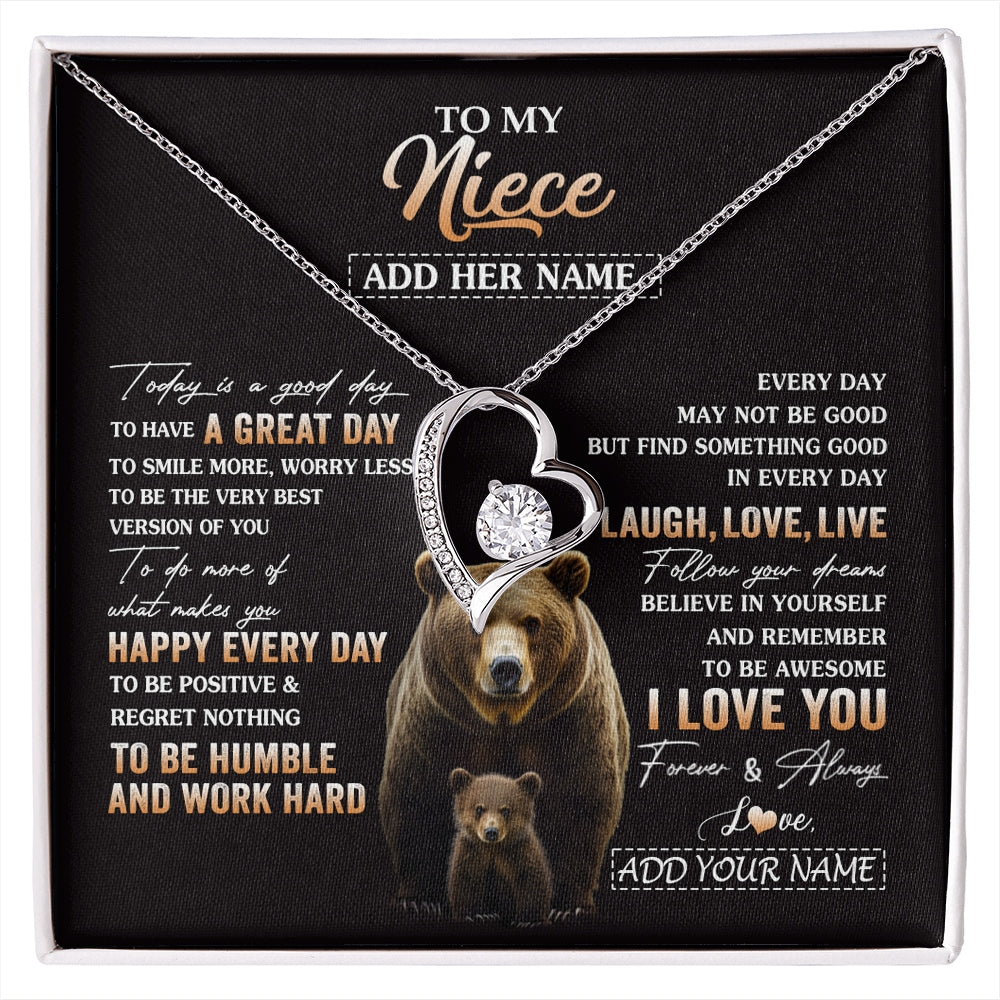 Forever Love Necklace 14K White Gold Finish | 1 | Personalized To My Niece Bear Necklace From Aunt Uncle Auntie Every Day Laugh Love Live Niece Birthday Gifts Graduation Christmas Custom Gift Box Message Card | https://siriusteestore.