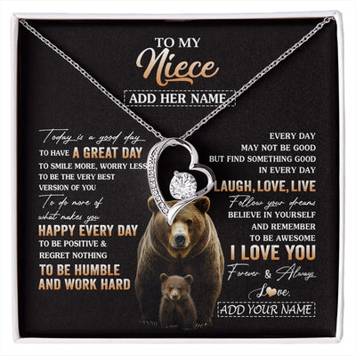 Forever Love Necklace 14K White Gold Finish | 1 | Personalized To My Niece Bear Necklace From Aunt Uncle Auntie Every Day Laugh Love Live Niece Birthday Gifts Graduation Christmas Custom Gift Box Message Card | https://siriusteestore.