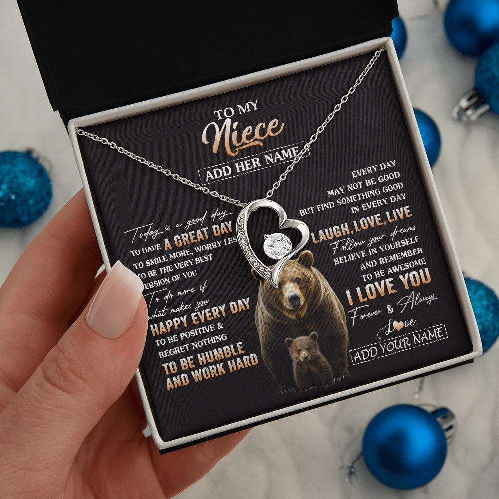 Forever Love Necklace 14K White Gold Finish | 2 | Personalized To My Niece Bear Necklace From Aunt Uncle Auntie Every Day Laugh Love Live Niece Birthday Gifts Graduation Christmas Custom Gift Box Message Card | https://siriusteestore.