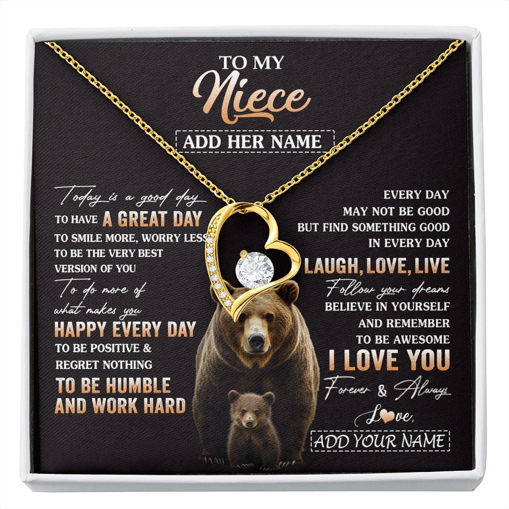 Forever Love Necklace 18K Yellow Gold Finish | 1 | Personalized To My Niece Bear Necklace From Aunt Uncle Auntie Every Day Laugh Love Live Niece Birthday Gifts Graduation Christmas Custom Gift Box Message Card | https://siriusteestore.